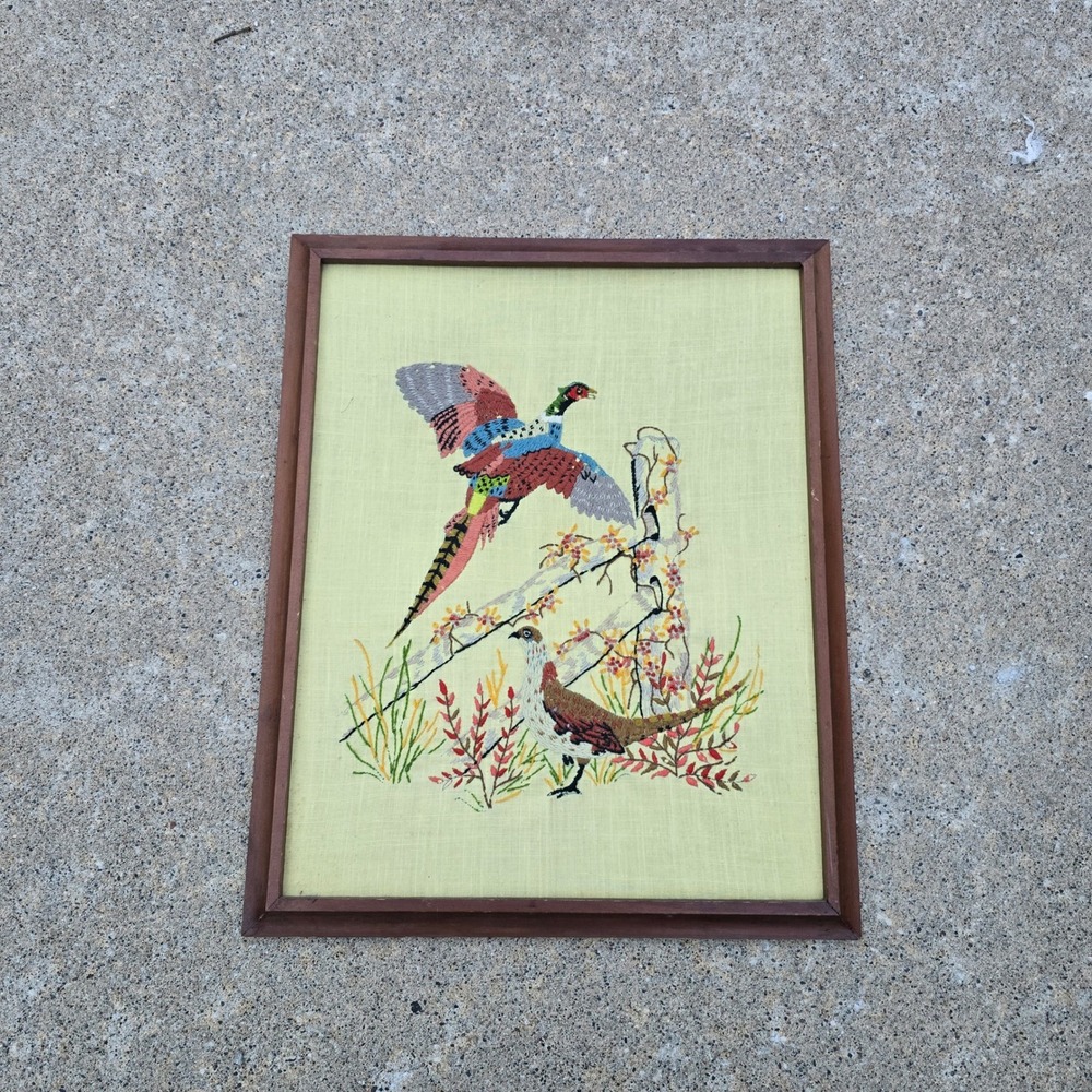 Vintage Pheasant Crewel Embroidery Framed Bird Needlepoint Wall Art 16x20